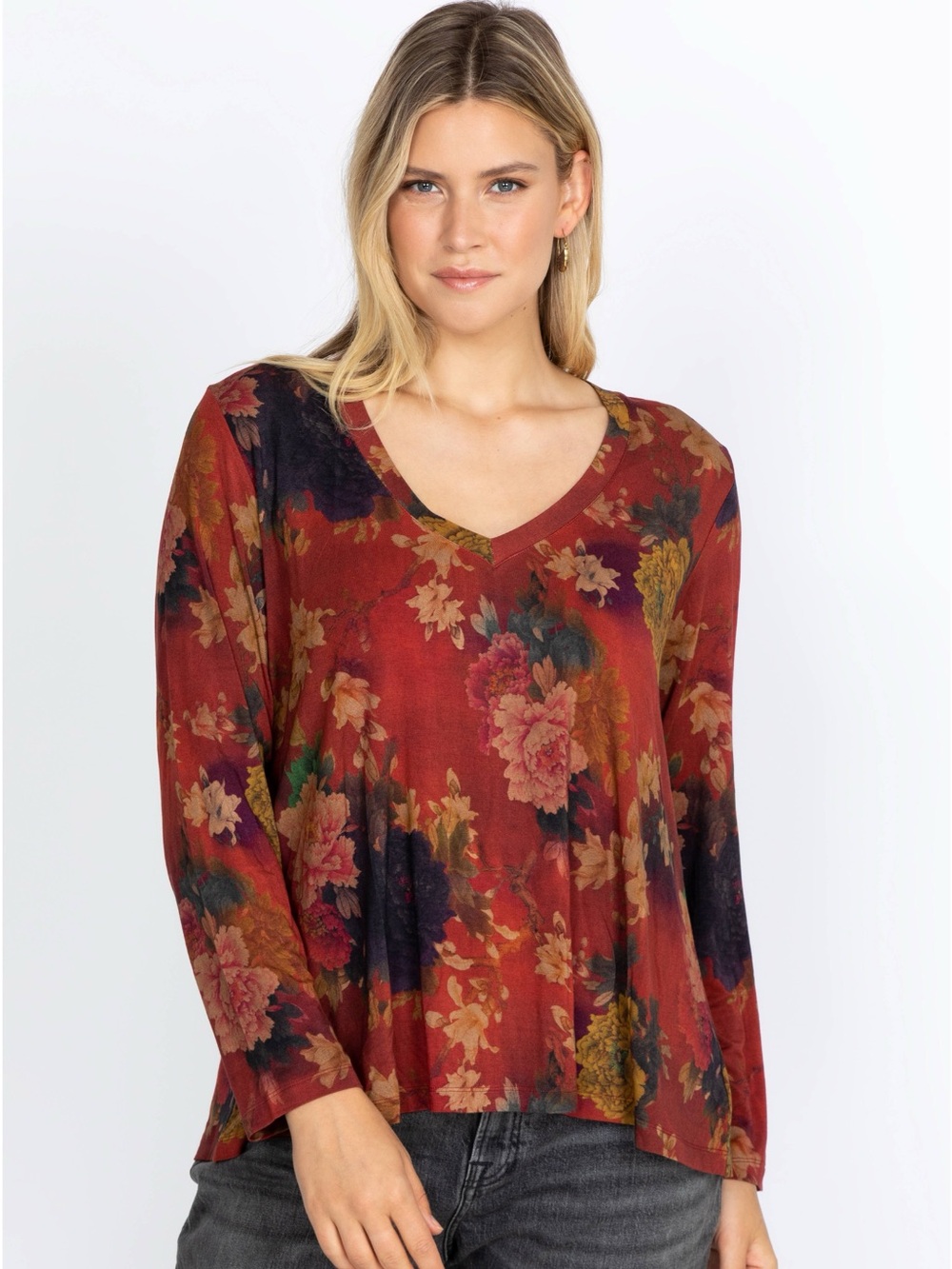 JOHNNY WAS THE JANIE FAVORITE LONG SLEEVE V‑NECK SWING TEE size M
